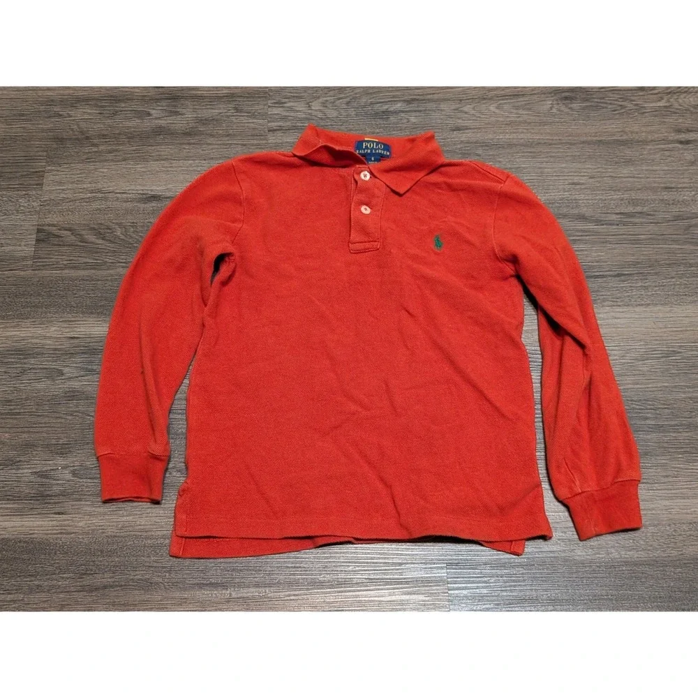 Polo Ralph Lauren Boys Red Long Sleeve Pique Polo Shirt Green Pony Size 6